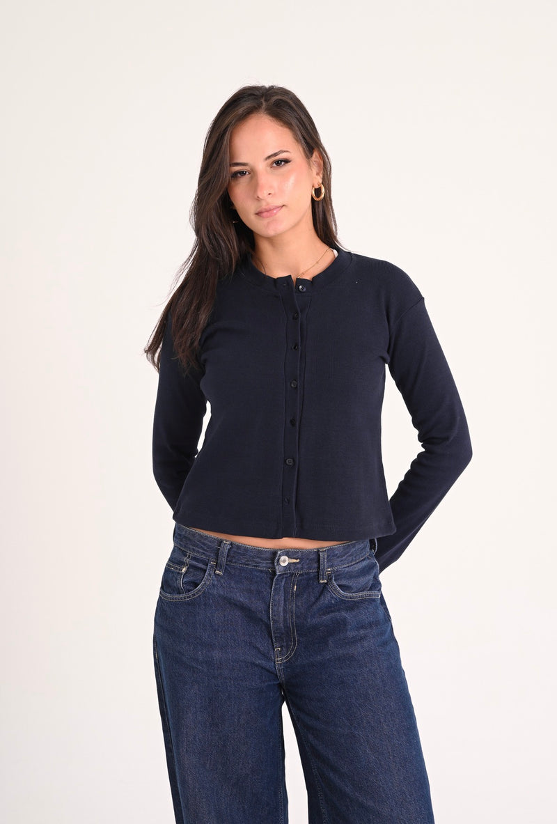 Long-Sleeve Navy Ribbed Cardigan