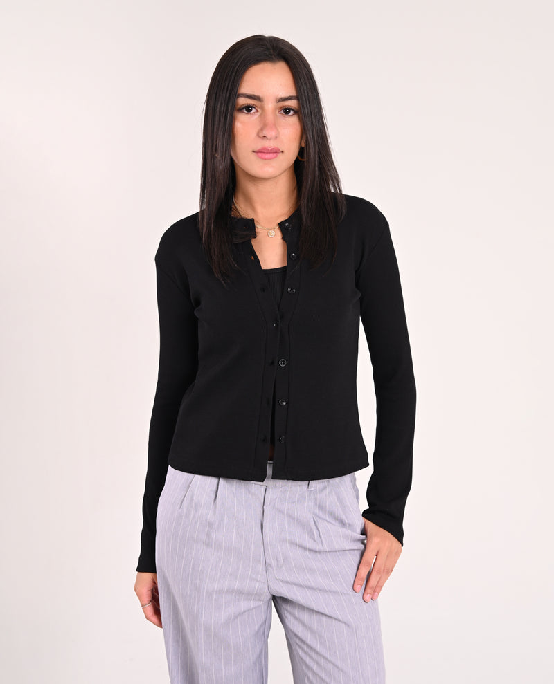 Long-Sleeve Black Ribbed Cardigan