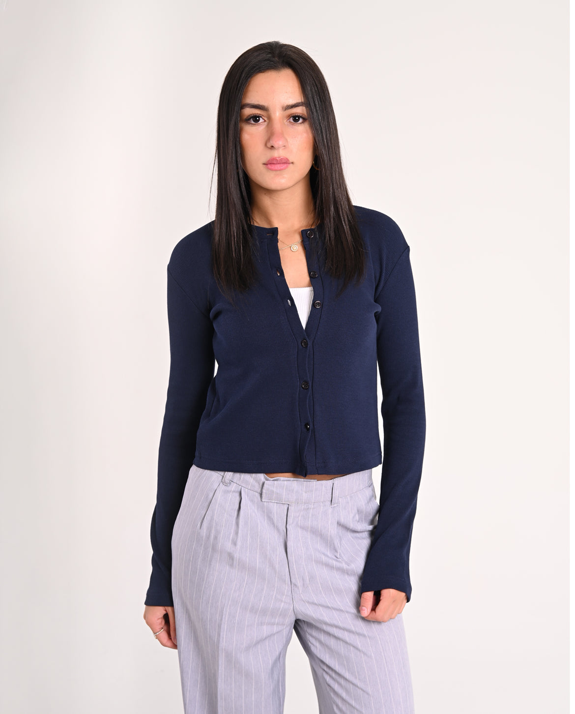 Navy Basic Ribbed Cardigan