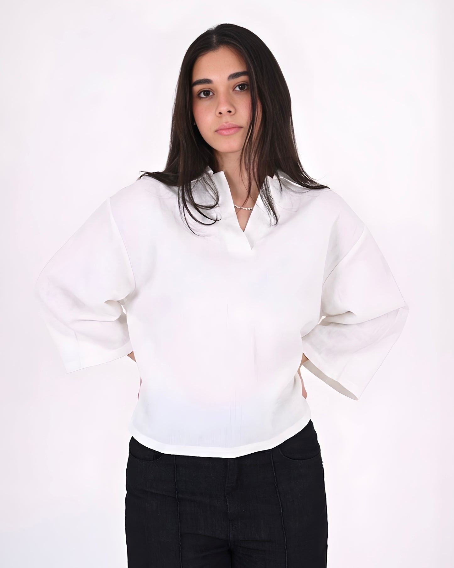 White - V Neck Linen Blouse