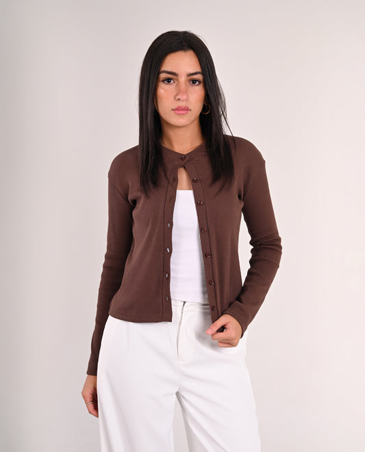Brown Basic Ribbed Cardigan