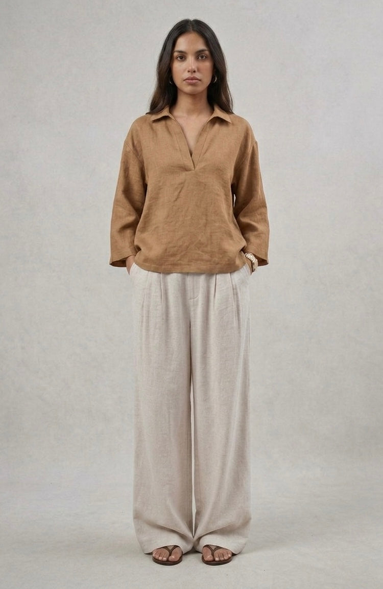 BROWN - V Neck Linen Blouse