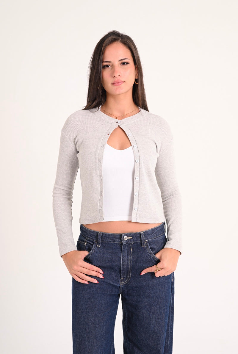 Long-Sleeve Grey Ribbed Cardigan
