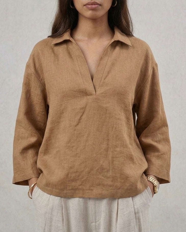 BROWN - V Neck Linen Blouse