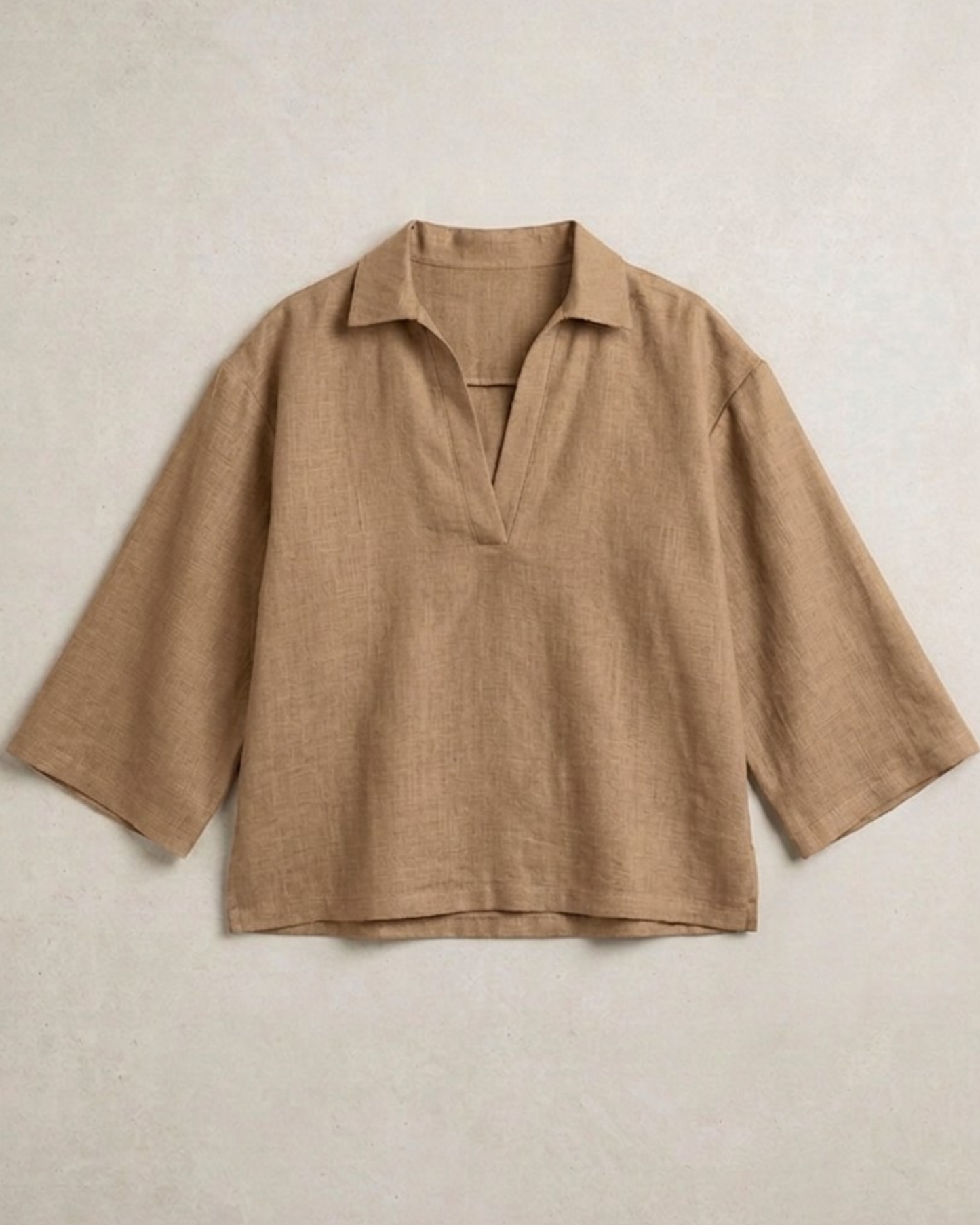 BROWN - V Neck Linen Blouse
