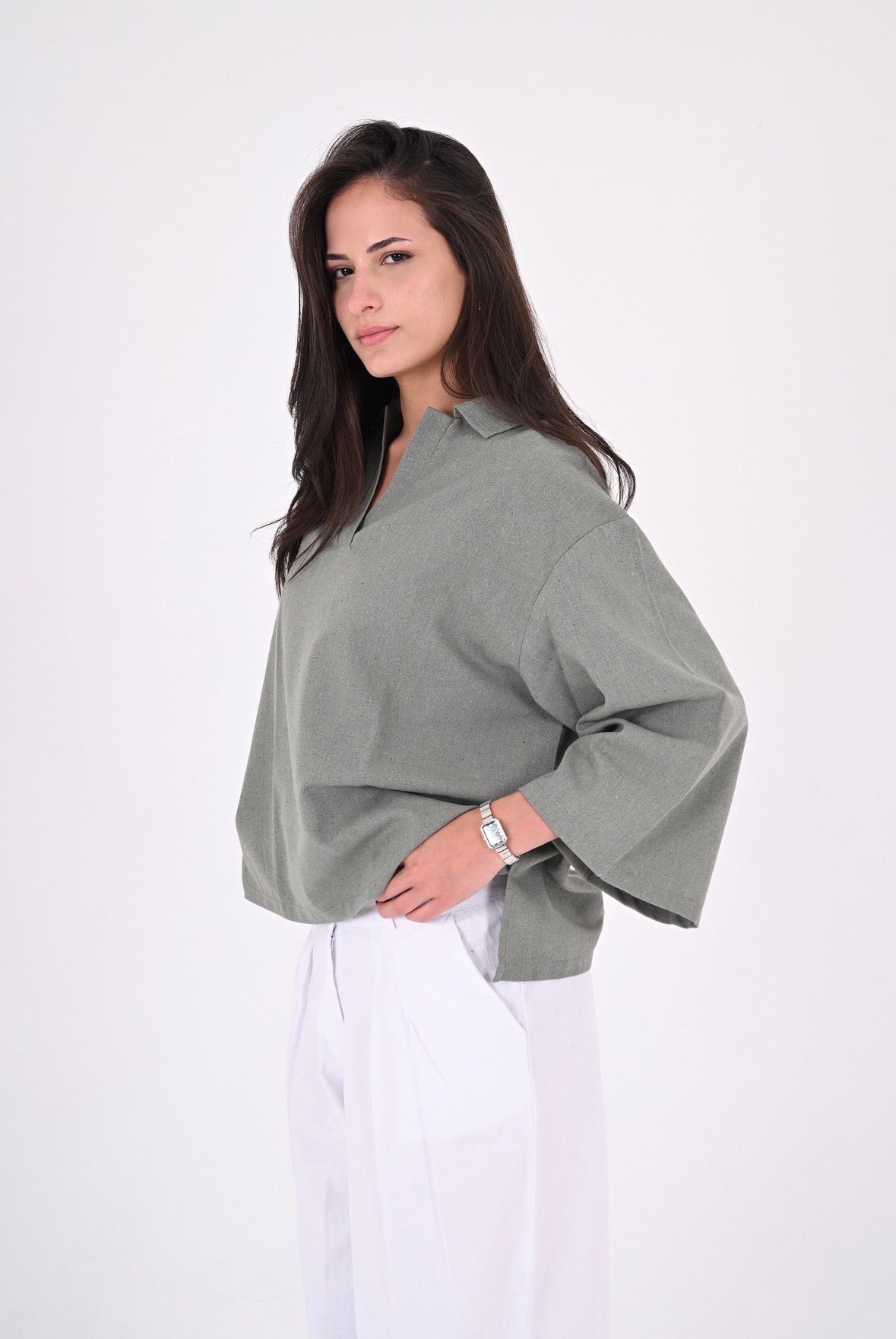 OLIVE - V Neck Linen Blouse