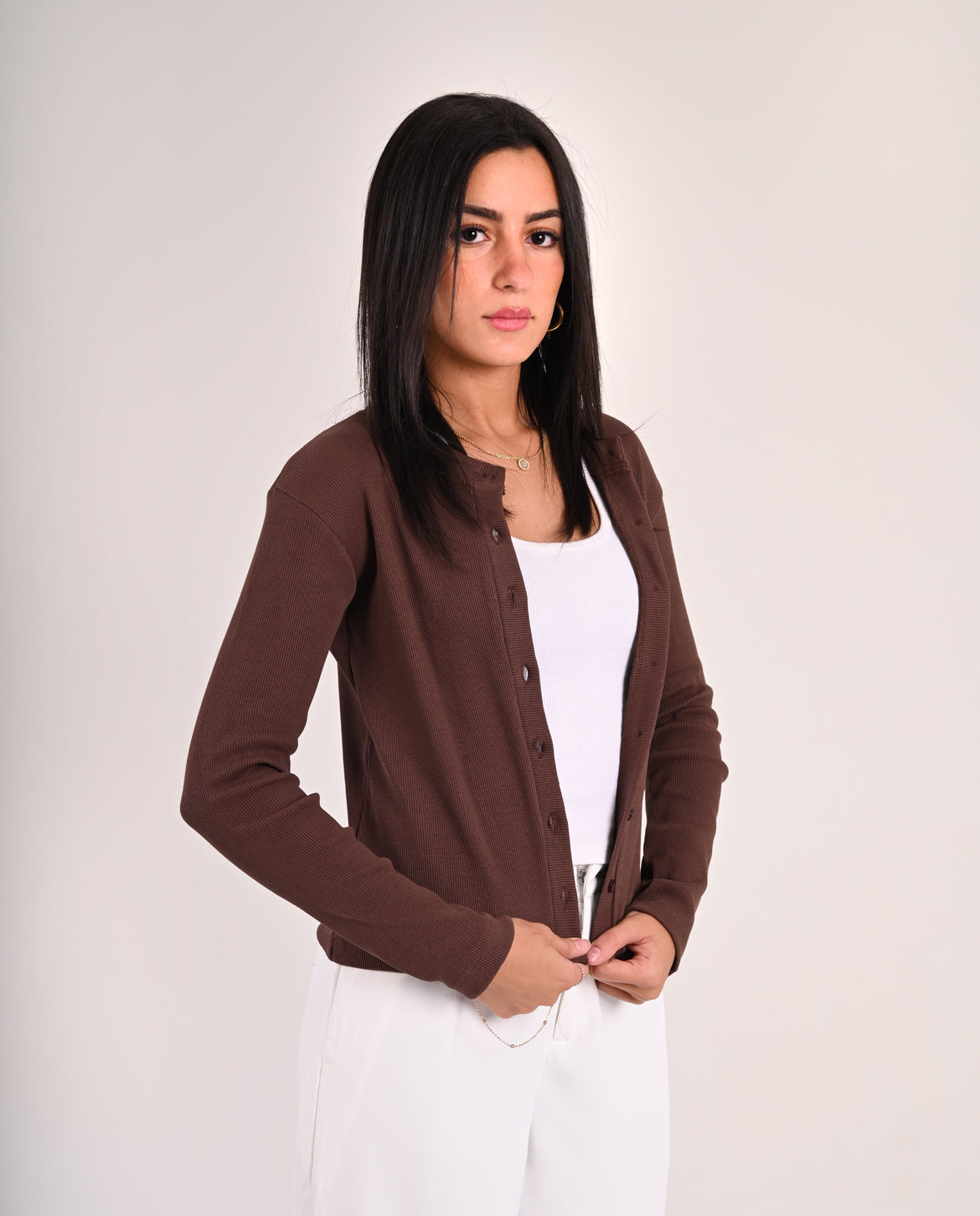 Brown Basic Ribbed Cardigan