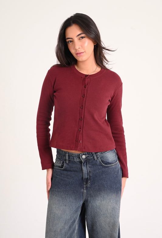Burgundy Basic Ribbed Cardigan