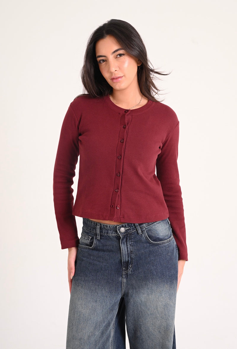 Long-Sleeve Burgundy Ribbed Cardigan