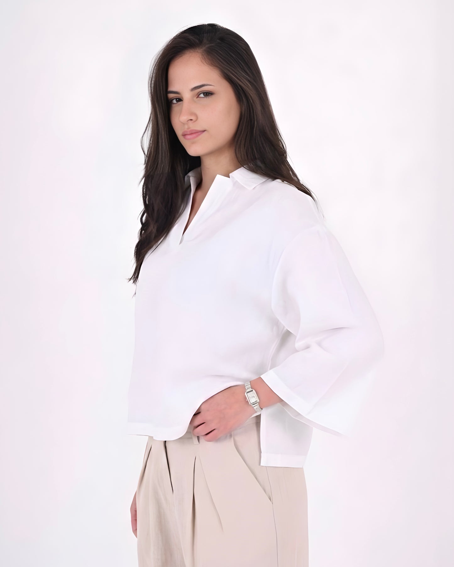White - V Neck Linen Blouse
