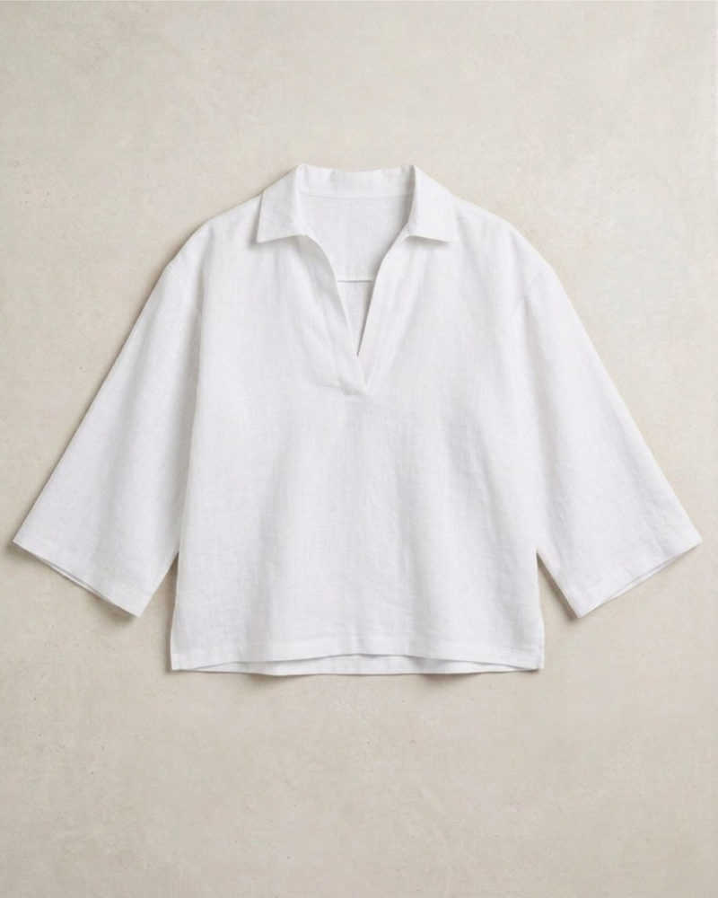 White - V Neck Linen Blouse
